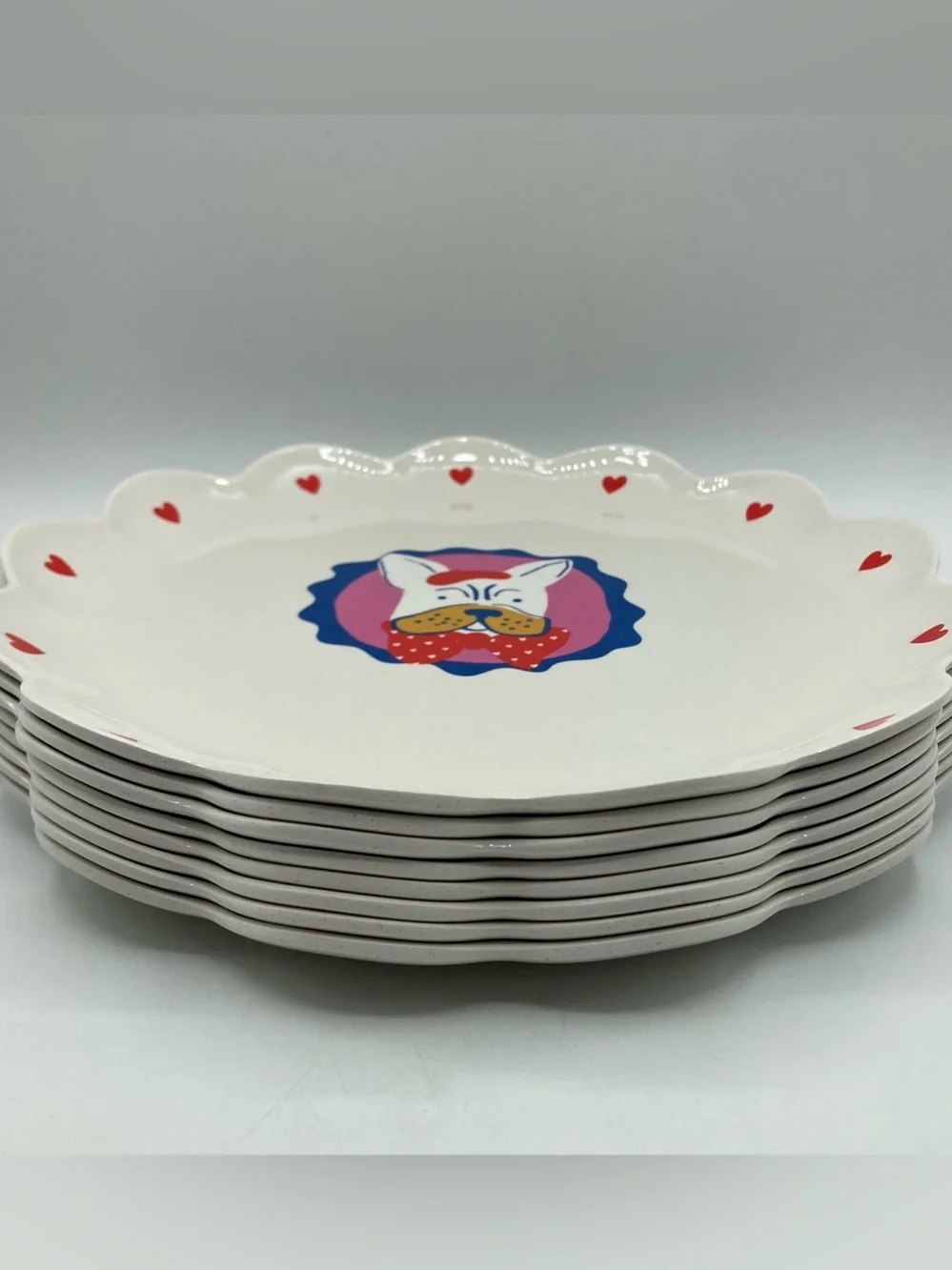 8 Set Target Pillowfort 10.5” Scalloped Melamine Dinner Plates Frenchie Dog